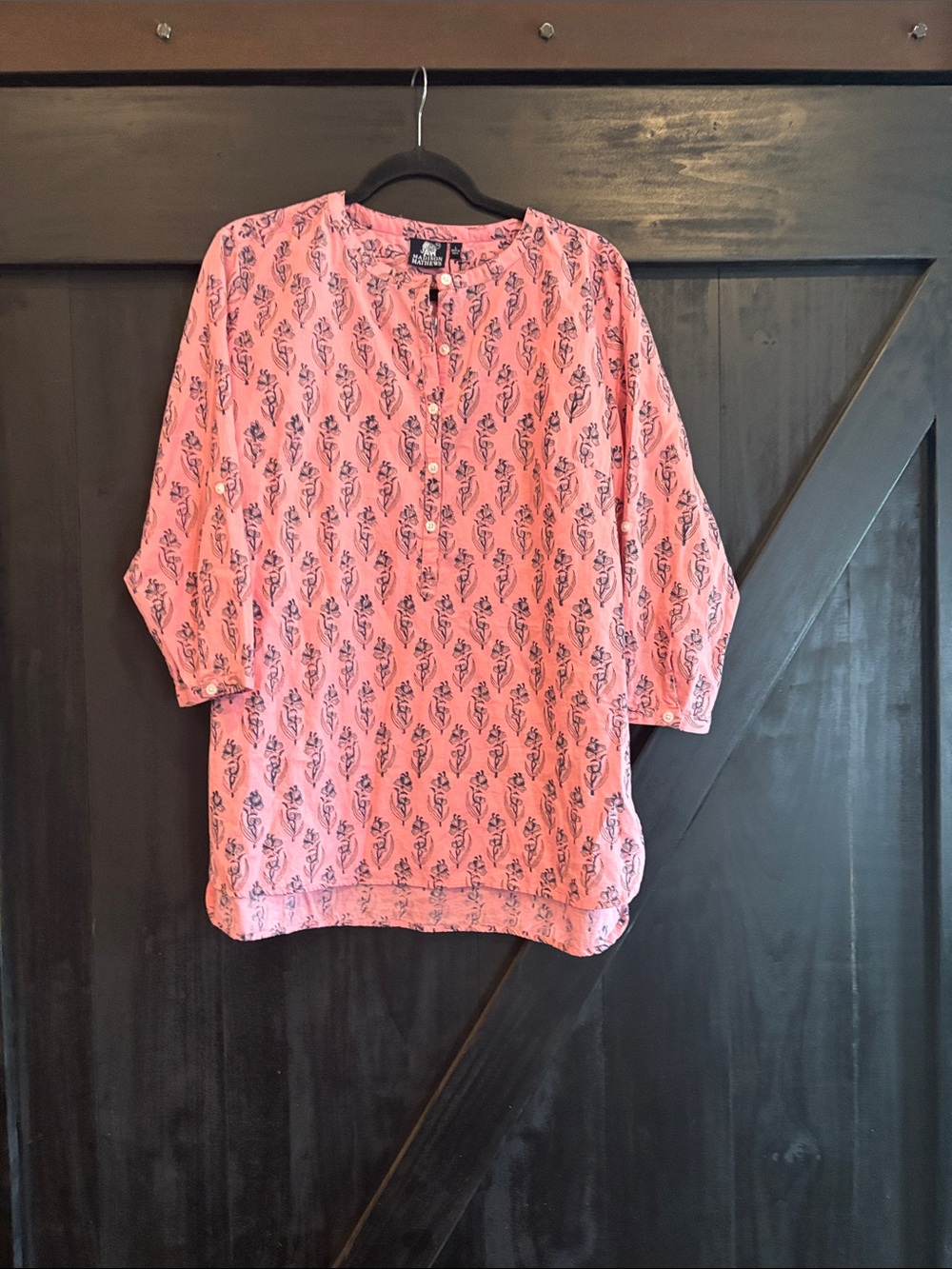 Madison Mathews Pink Floral Print Button Henley Tunic Size L Womens